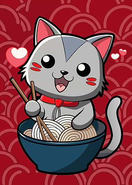Cute Cat Eating Ramen Illustration