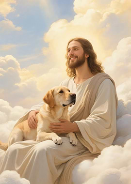 Jesus with Labrador Retriever in Heaven