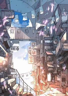 Anime-style cityscape with signs and laundry
