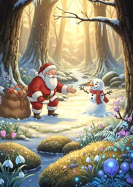 Santa Claus and Snowman in Winter Forest