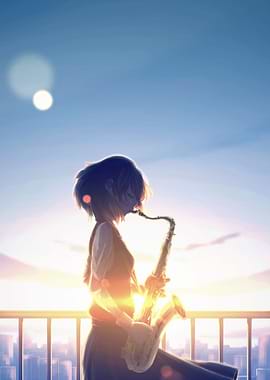 Anime Girl Playing Saxophone at Sunset