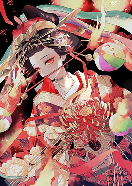 Geisha with Chrysanthemum and Japanese Elements