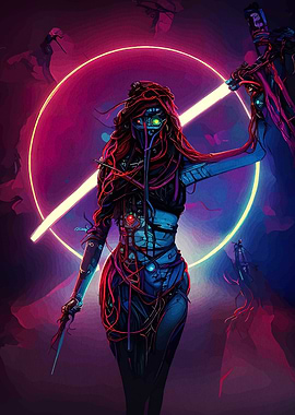 Cyberpunk Warrior with Neon Circle