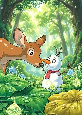 Deer and Snowman in Forest