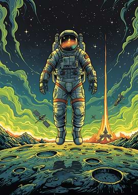 Astronaut on Moon with Launching Rocket