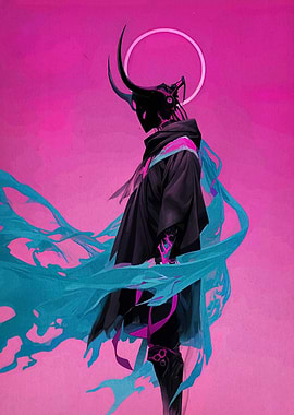 Cyberpunk horned figure with flowing fabric
