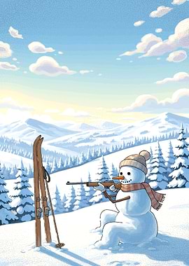 Armed Snowman in Winter Landscape