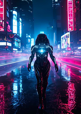 Cyberpunk Woman in Neon Cityscape