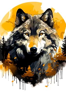 Wolf Portrait with Forest and Moon