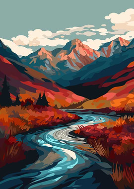 Autumn Mountain River Landscape Art