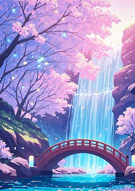Anime Landscape Sakura Spring Cherry Blossom Waterfall with Bridge