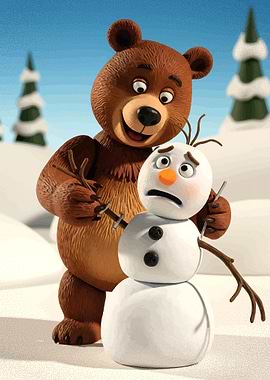 Bear and Snowman in Winter Scene