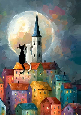 Cats on Colorful Rooftops under Moonlight