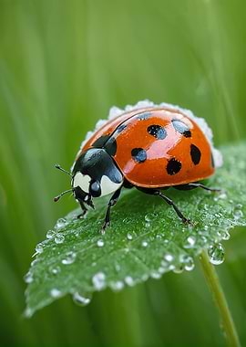 Ladybug on Leaf with Water Droplets