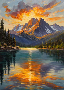 Mountain Lake Sunset Oil Painting