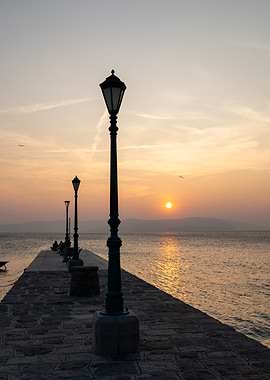 Sunset Pier with Lamp Posts