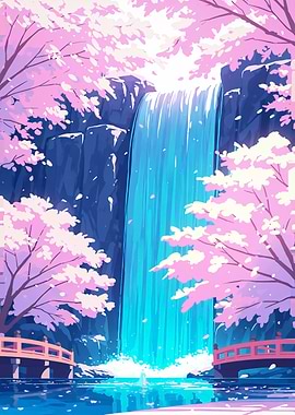 Anime Background Waterfall and Cherry Blossoms Sakura Japan Landscape