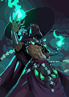 Mystical Figure with Green Flames