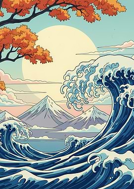 Japanese Wave Art with Mountains