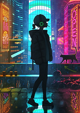 Cyberpunk Cityscape with Silhouette Figure