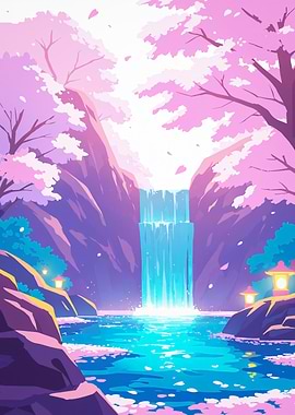 Anime Background Waterfall with Cherry Blossoms Sakura Japan