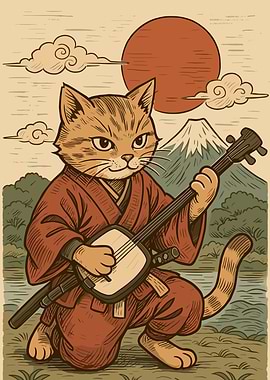 Samurai Cat Playing Shamisen Art