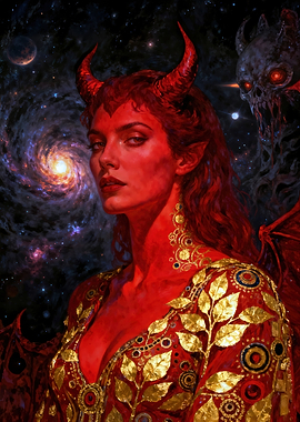 Red-skinned demon woman in space