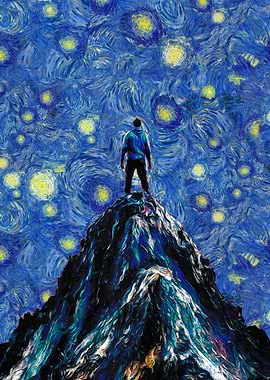 Man on Mountain Peak, Starry Night