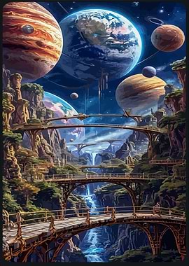Fantasy Landscape with Bridges and Planets