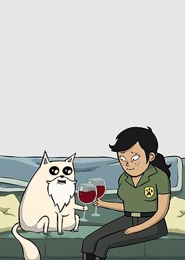 Cartoon Woman and Cat with Wine