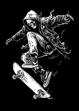 Skateboarding Grim Reaper Black and White