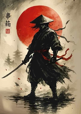 Samurai Warrior with Red Sun Backdrop
