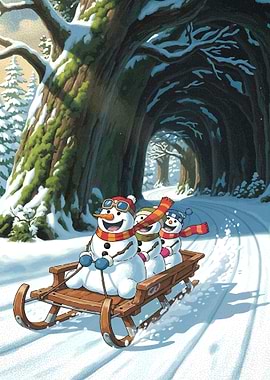 Snowmen Sledding Through Winter Forest
