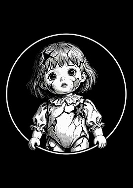 Creepy Cracked Doll Black and White Art