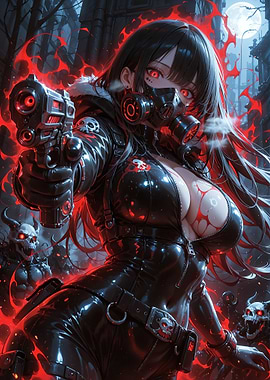 Girl with a Gun and Gas Mask and Skull Monsters