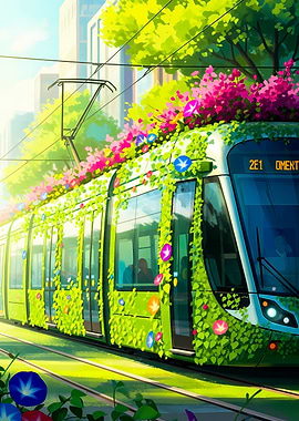 Green tram covered in flowers and vines