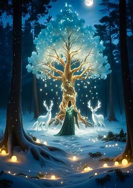 Enchanted Winter Forest with Glowing Tree
