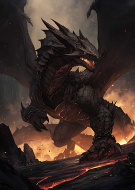 Powerful Black Dragon in Volcanic Landscape