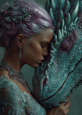 Woman and Dragon in Teal Hues