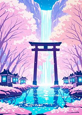 Anime Background Japanese Torii Gate with Waterfall Cherry Blossom Sakura