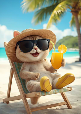 Cat on Beach with Drink