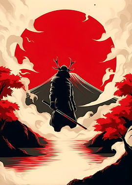 Samurai Silhouette with Mount Fuji
