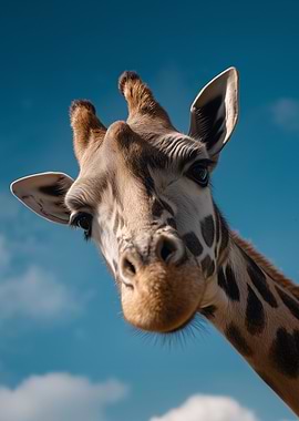 Giraffe portrait against a blue sky