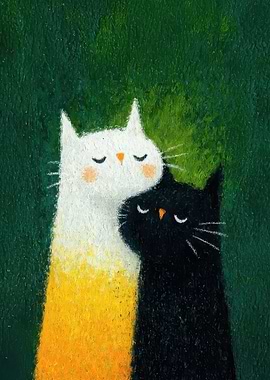 Two Cats Embracing Art Illustration