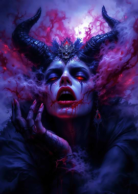 Horned Demon Woman with Red Eyes