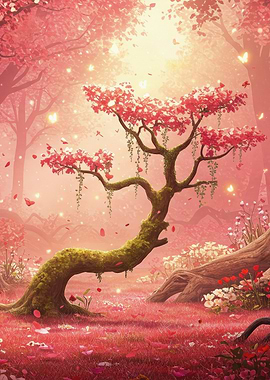 Pink Blossom Tree in Dreamy Forest