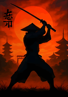 Samurai Silhouette with Katana and Sunset