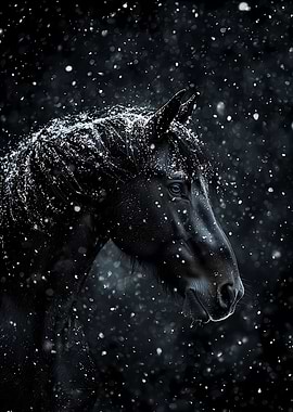 Minimal Black Horse in Snow