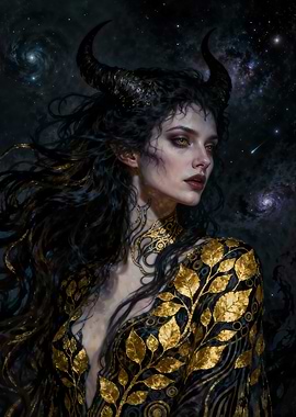 Horned Woman in Gold Leaf Gown