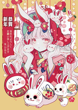 Anime Girl with Rabbits New Year